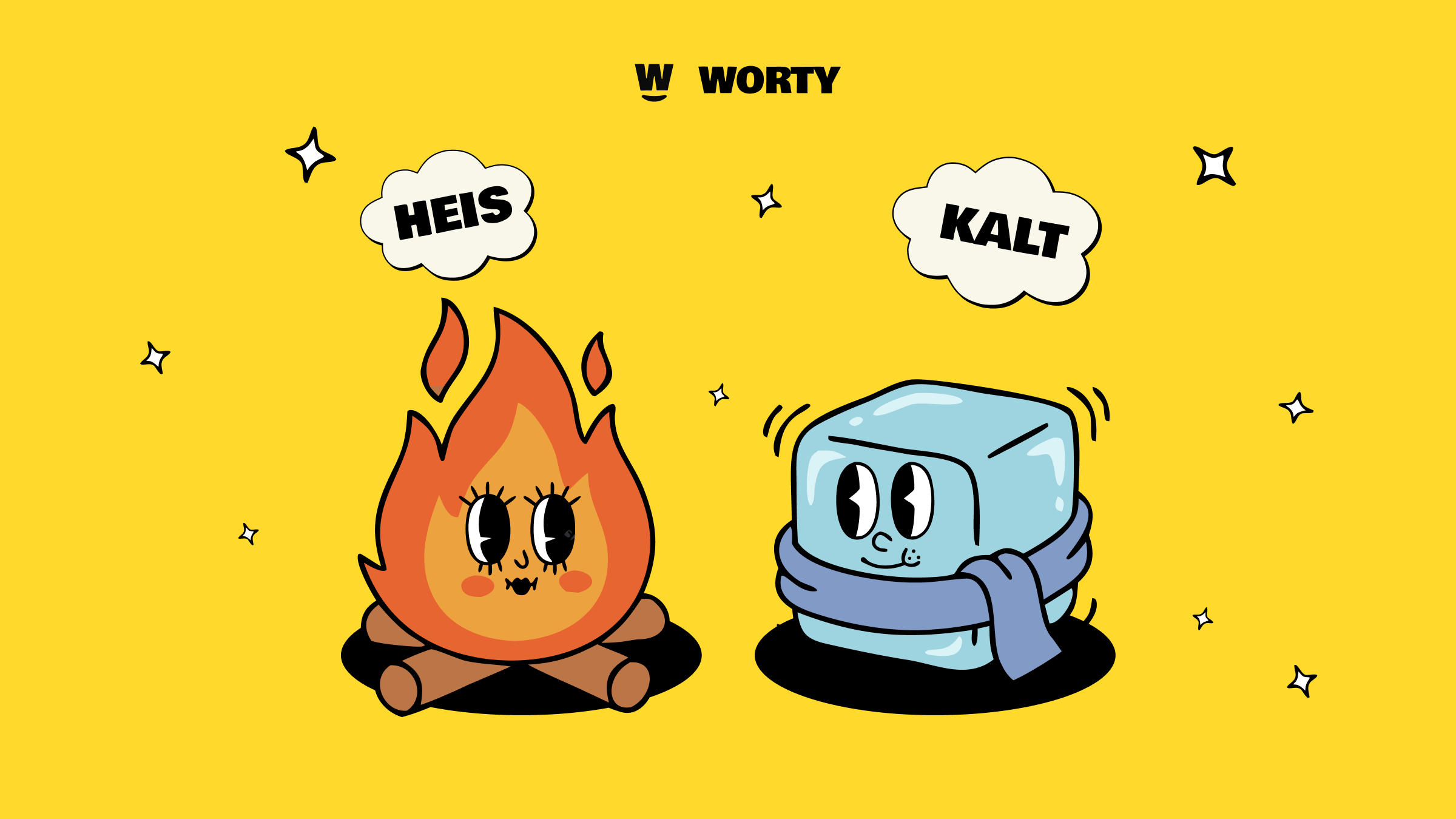 German antonyms heiß und kalt with a cute fire and ice cube illustration